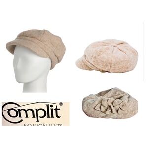Complit Italian Wool Blend Heather Beige Floral Applique Accent Newsboy Hat